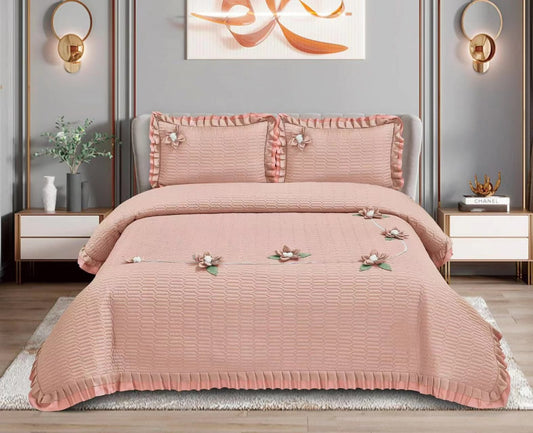 Adorable Quilted Bedcover Set - King Size, Lace Border, 2 Pillow Cases, 8 Colours