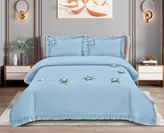 Adorable Quilted Bedcover Set - King Size, Lace Border, 2 Pillow Cases, 8 Colours