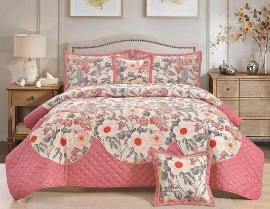 5 Pcs Cotton Bedcover Set | 3 Layer Printed Bed Cover | Coloured Cotton Ball Frills | Super Soft