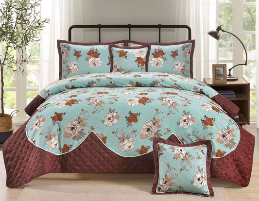 5 Pcs Cotton Bedcover Set | 3 Layer Printed Bed Cover | Coloured Cotton Ball Frills | Super Soft