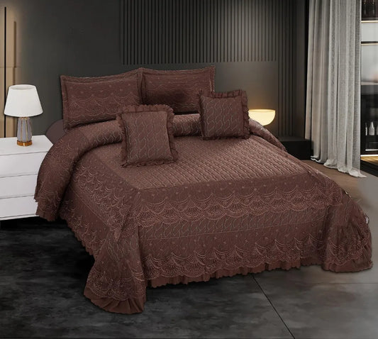 New Awesome 5-Piece King Size Quilted Bedcover Set with Lace Border, Frilled Pillow Cases & Cushions