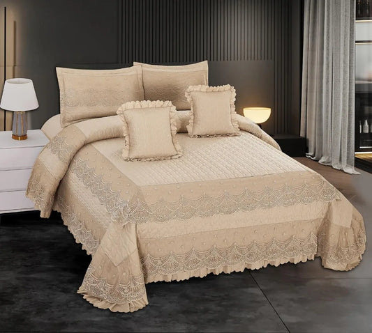 New Awesome 5-Piece King Size Quilted Bedcover Set with Lace Border, Frilled Pillow Cases & Cushions
