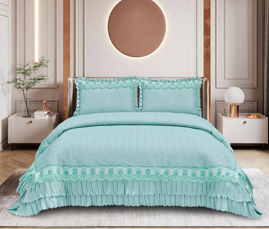 Premium Quilted Bedcover Set with Lace - King Size, 2 Pillow Cases, 8 Colours