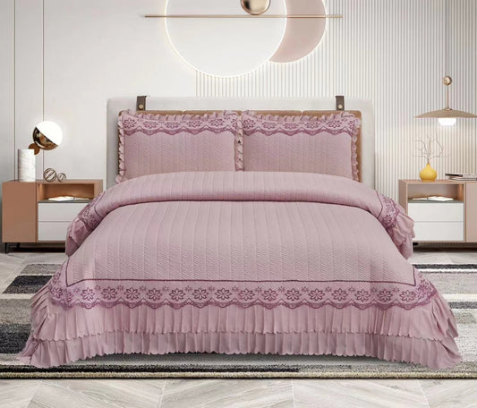 Premium Quilted Bedcover Set with Lace - King Size, 2 Pillow Cases, 8 Colours