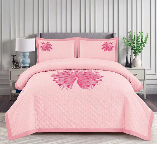 PEACOCK Embroidery on Pillow & Bed Cover | Solid Colours | KING SIZE | Super Soft | Fabric