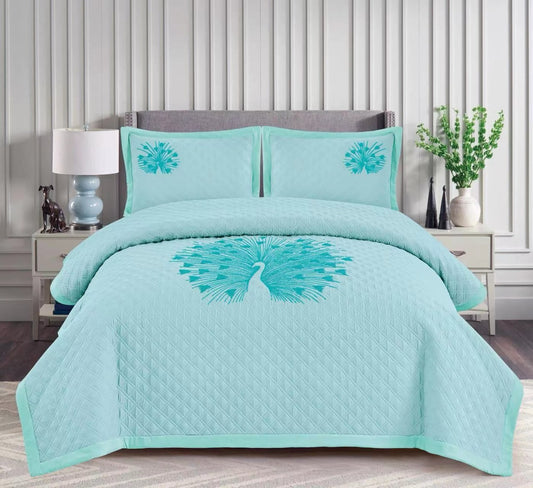 PEACOCK Embroidery on Pillow & Bed Cover | Solid Colours | KING SIZE | Super Soft | Fabric