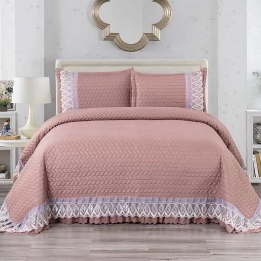 Nestloom 3 Pcs lace Quilted Bedcover With 2 Pillow Covers- Astria