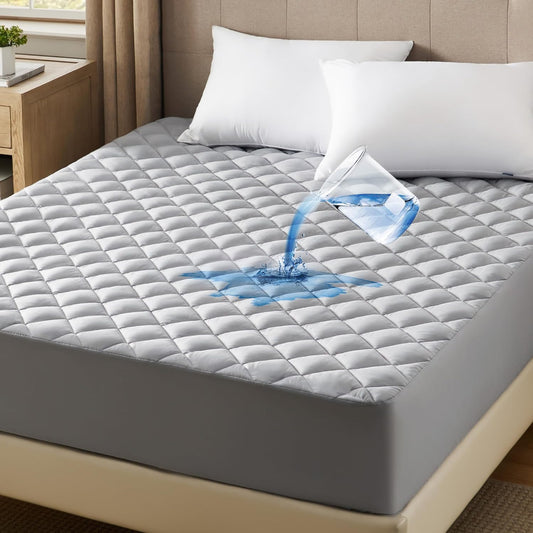 King Mattress Protector, Quilted Waterproof Mattress Pad with Deep Pocket up to 12 Inches, Soft Breathable Noiseless Mattress Cover, Mattress Topper King (Gray)