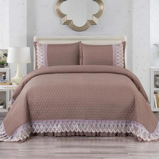 Nestloom  3 Pcs lace Quilted Bedcover With  2 Pillow Covers- Astria
